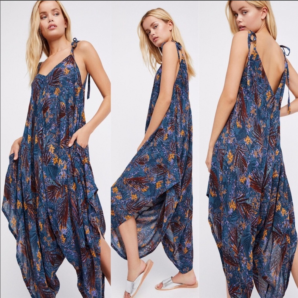 Free People El Porto Blue Boho Jumpsuit Wide Leg - Picture 7 of 8